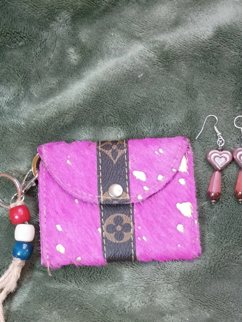 Upcycled And Genuine Leather Card Or Change Holder (Pink And Gold)